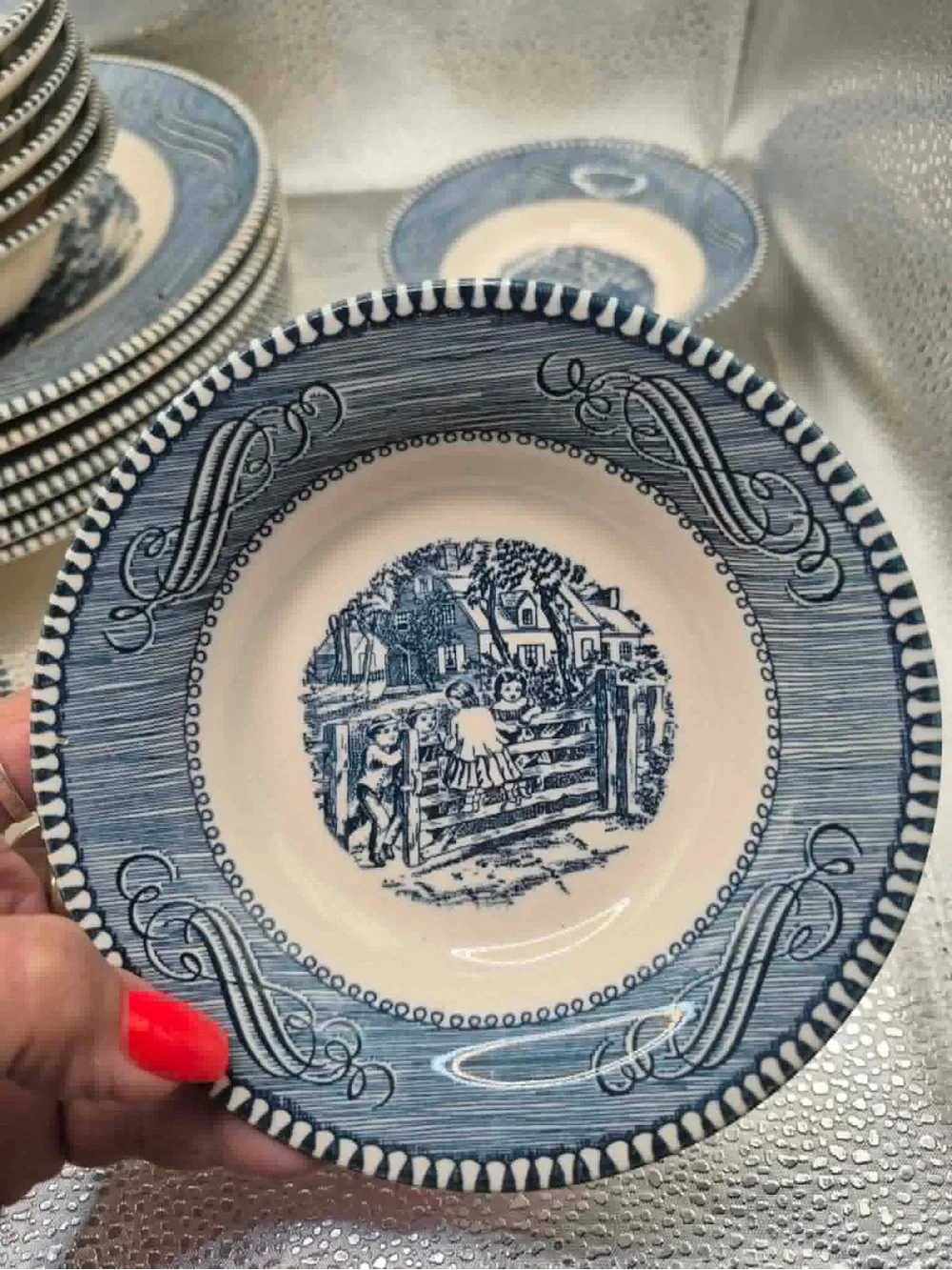 8 Currier & Ives ‘Country Farm Gate’ Blue & White Dessert Bowls Cottagecore Set